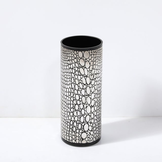 1980s Mid-Century Black Glass Vase With Sterling Silver Overlay Crocodile Motif For Sale - Image 5 of 11