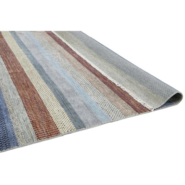 Striped Designed Modern Savannah Handmade Wool Rug in Gray For Sale - Image 4 of 12