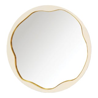 Sleek Round Mirror With Macassar Frame With Wavy Brushed Brass Details For Sale