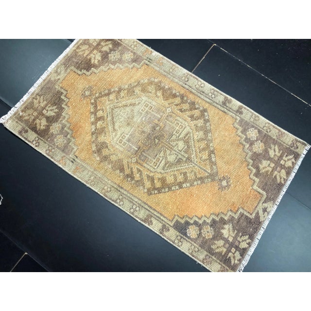 Boho Chic Vintage Distressed Turkish Handmade Orange and Gray Small Rug For Sale - Image 3 of 6