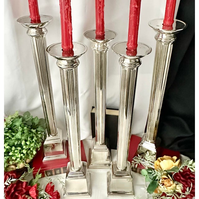 Silver Vintage Candle Holders Silver Metal Pillar Candlesticks - Set of 5 For Sale - Image 8 of 9