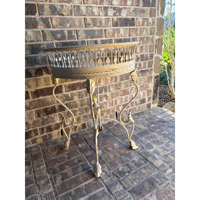 Cream Vintage French Provincial Wrought Iron Round Plant Stand With Gallery Rim For Sale - Image 8 of 11