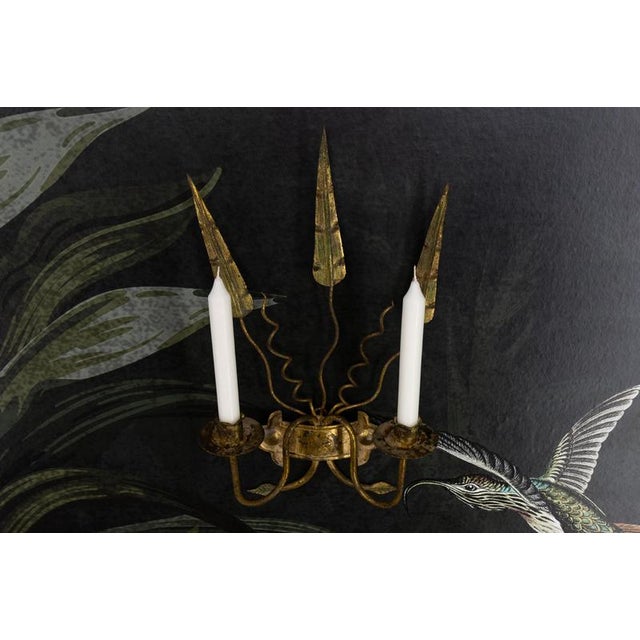 Spanish Gilt Iron Medieval Revival Style Two-Arm Candle Wall Sconce, ca. 1950s For Sale - Image 3 of 18