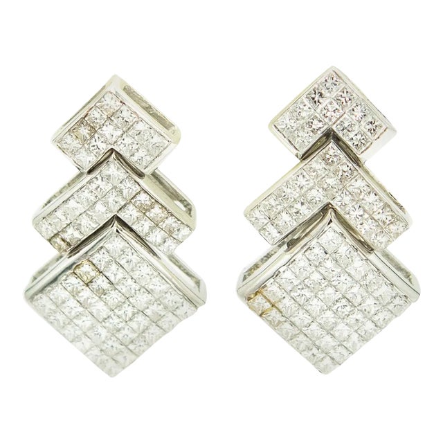 Geometric Invisibly Set Diamond Drop Dangle White Gold Earrings - 2 Pieces For Sale