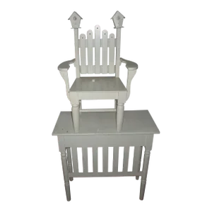 1980s Vintage Child's Heavy Wood Desk & Chair in White With Bird House Design - Set of 2