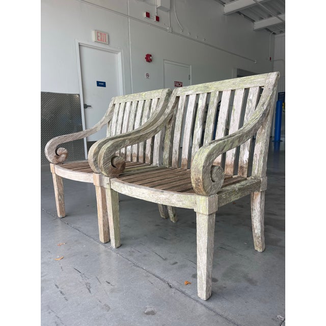 Vintage Weathered Hardwood Scroll Arm Garden Chairs With Natural Patina, a Pair For Sale - Image 9 of 12