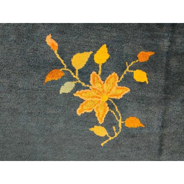 1930s Wool Large Blue Floral Medallion Rectangle Hand Knotted Pile Antique 1930s Rug For Sale - Image 5 of 8