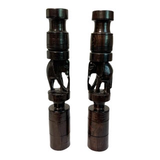 Vintage Tall African Elephant Carved Ebony Wood Candlestick Candle Holders For Sale