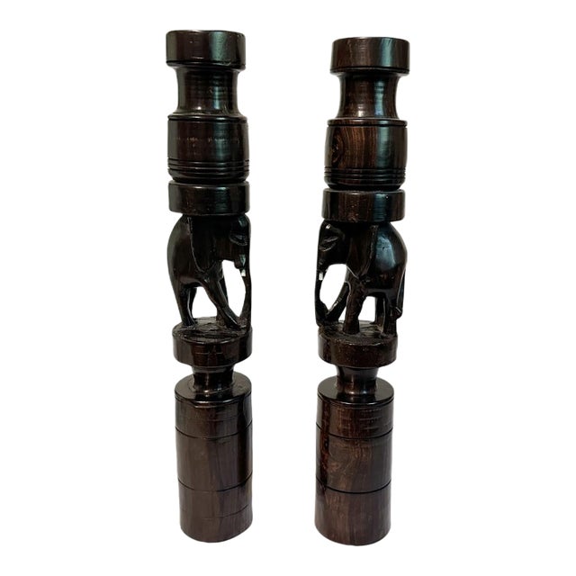 Vintage Tall African Elephant Carved Ebony Wood Candlestick Candle Holders For Sale