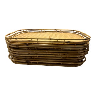 Set of 10 Vintage Bamboo & Woven Rattan Serving Trays, Organic Modern Coastal Entertaining Collection For Sale
