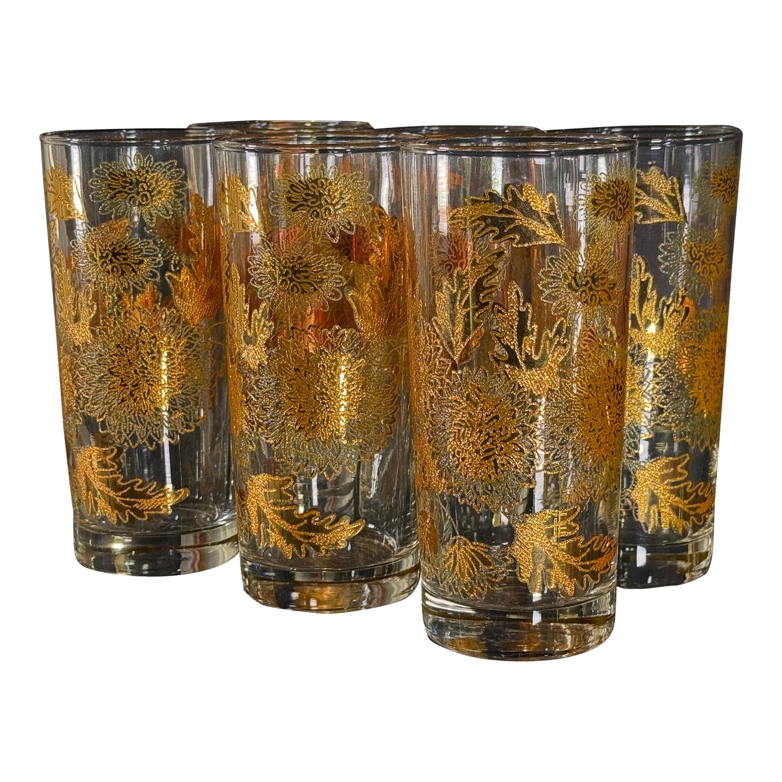 Vintage Hollywood Regency 22k Gold Chrysanthemum Highball Glasses - Set of 6