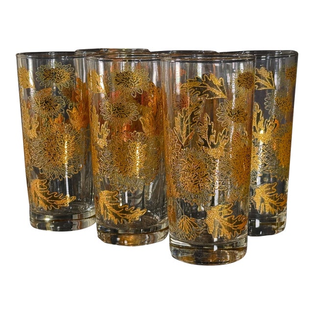 Vintage Hollywood Regency 22k Gold Chrysanthemum Highball Glasses - Set of 6 For Sale