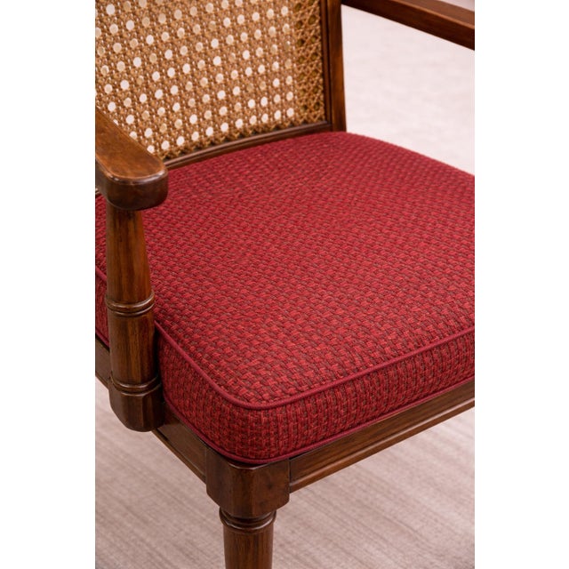 Set of Five Antique Oak Wicker-Back Armchairs With Red Upholstered Seats & Original Casters For Sale - Image 4 of 8