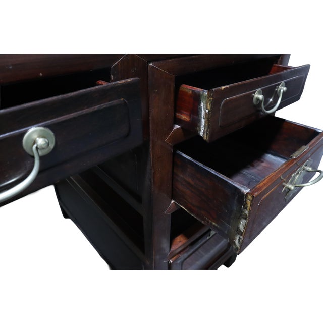 Unique Antique Ming Style Chinese Dark Elm Desk With Brass Hardware Burl Wood & Foot Rest For Sale - Image 9 of 15