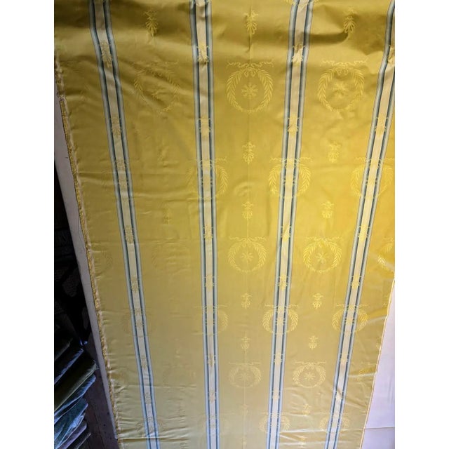 6 yards of gorgeous and dramatic Clarence House damask fabric in gold and blue stripe.