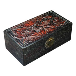 Vintage Chinese Rosewood Box With Deep Relief Carving & Fish Motif For Sale