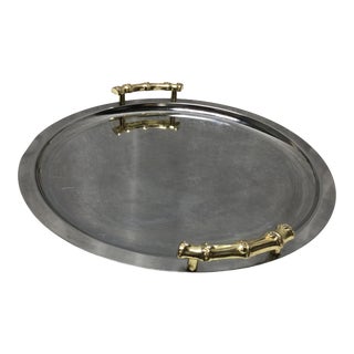 Mid 20th Century Silverplated Serving Tray With Brass Bamboo Handles For Sale