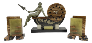 Art Deco Marble Triptych Clock, 1930s, Set of 3