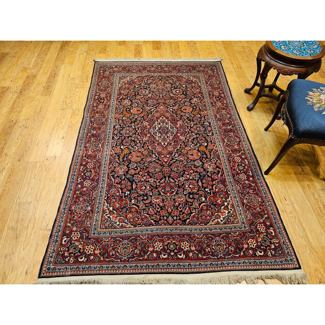Vintage Persian Kashan Area Rug, Hand-Knotted Wool, Floral Pattern, Red & Navy, 5x7 For Sale - Image 4 of 17