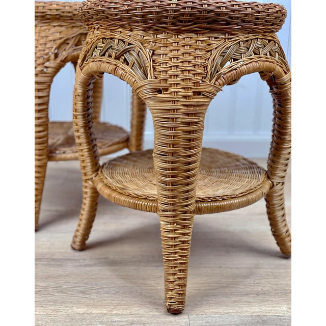 Vintage Coastal Boho Natural Wicker Round Plant Stand End Tables - a Pair For Sale - Image 9 of 10