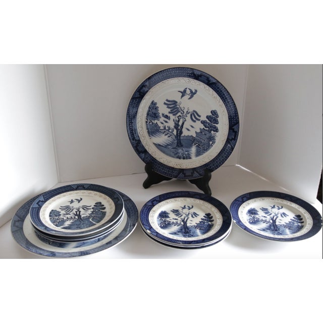 Mid 20th Century Vintage Burleigh Blue Willow Canton Dinnerware Set- 9 Pieces For Sale - Image 5 of 7