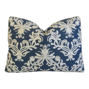 Designer Classic Cloth Embroidered Aquitaine Blue Feather/Down Pillow 22" X 17"