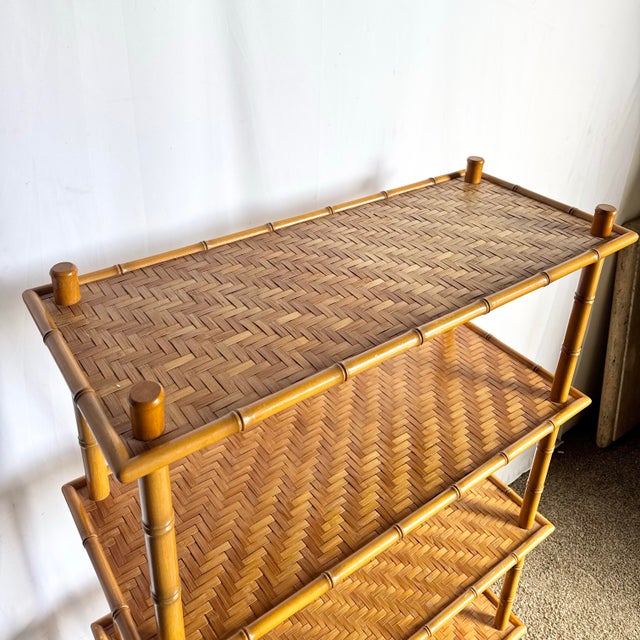 Mid 20th Century Boho Chic Faux Bamboo Herringbone Bookshelf/Etagere For Sale - Image 4 of 9