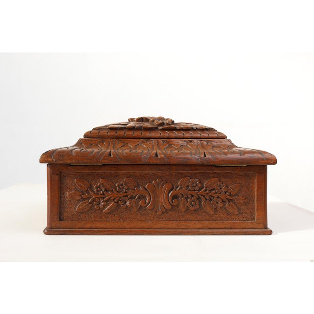 Wood Antique French Sculpted Sewing Box in Oak, 1890s For Sale - Image 7 of 14