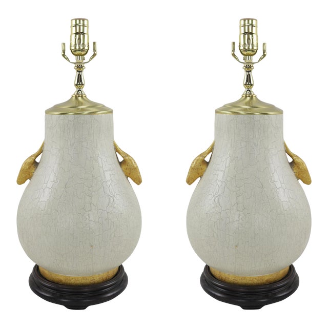 Pair of Vintage White Porcelain Vase Table Lamps With Crackled Finish, For Sale