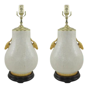 Pair of Vintage White Porcelain Vase Table Lamps With Crackled Finish,