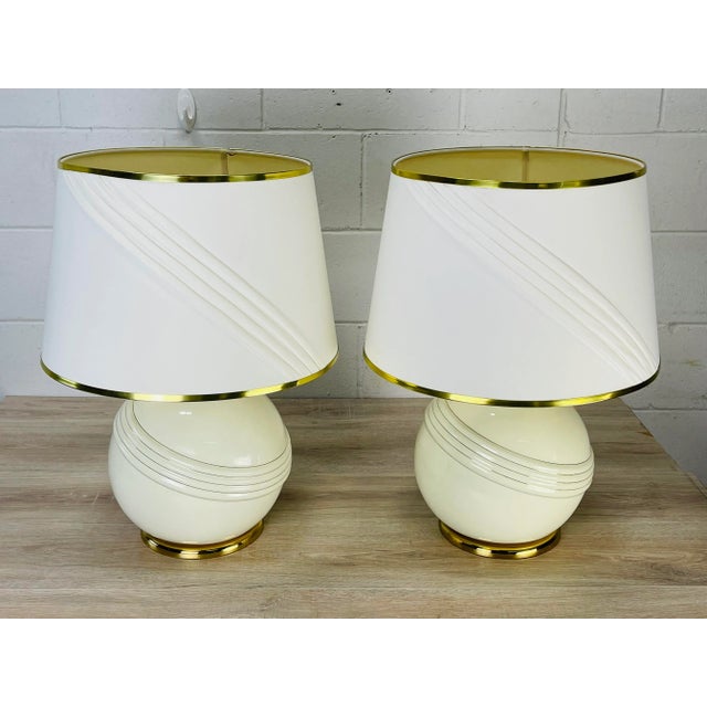 Mid-Century Modern Vintage 1970s Cream & Gold Round Table Lamps, Pair For Sale - Image 3 of 11