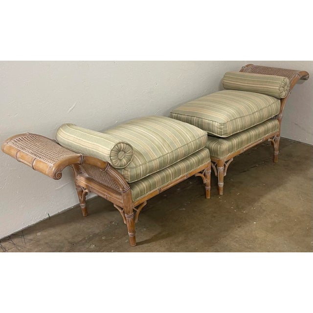 Traditional Regency Style Cerused Faux Bamboo Bench or Chaise in Silk For Sale - Image 3 of 9