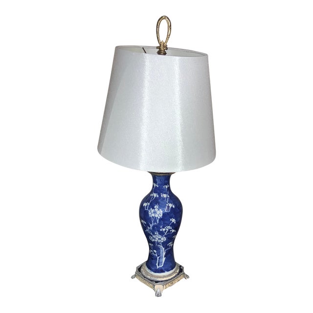 Vintage Blue and White Cherry Blossom Porcelain Vase Lamp on Metal Base For Sale