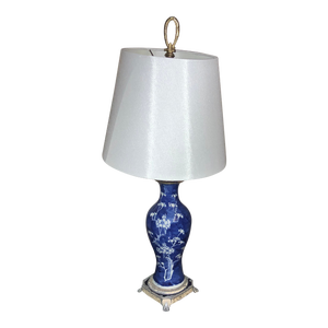 Vintage Blue and White Cherry Blossom Porcelain Vase Lamp on Metal Base