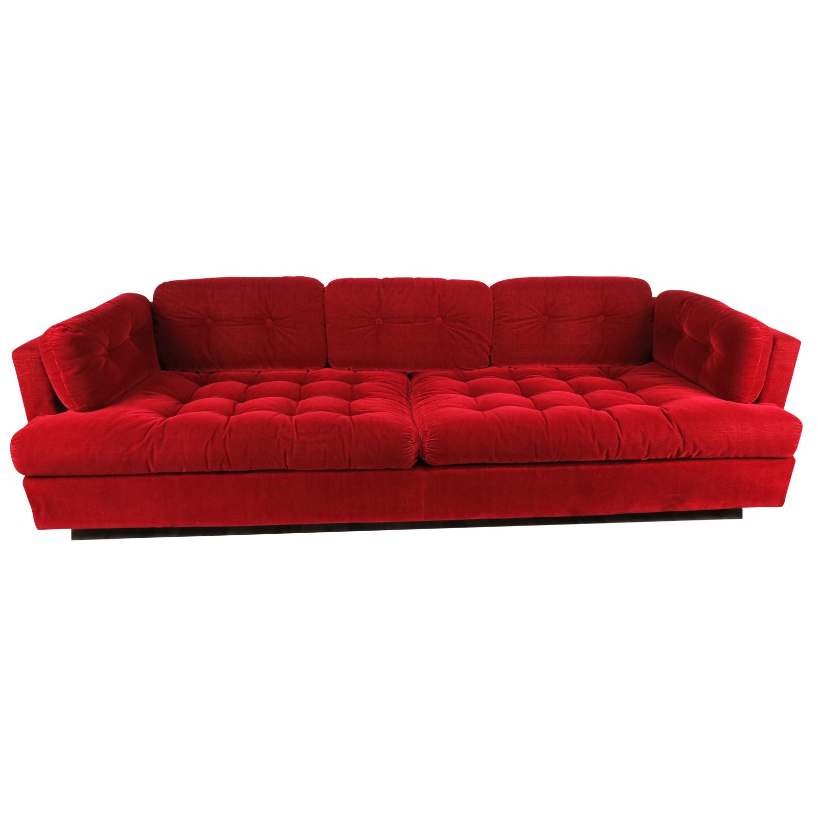 1960s MidCentury Modern Lipstick Red ButtonTufted "Cord" Velvet Sofa