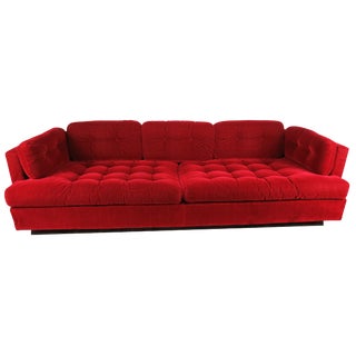 1960s Mid-Century Modern Lipstick Red Button-Tufted "Cord" Velvet Sofa For Sale