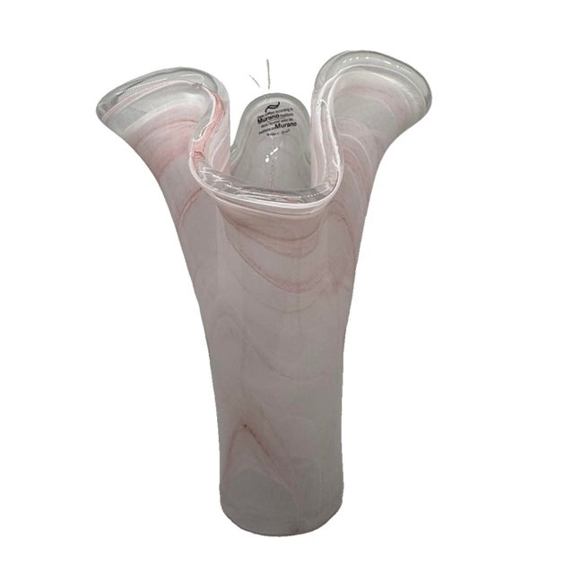 Murano Tammaro Home Murano Style Pink & White Swirl Art Glass Handkerchief Vase For Sale - Image 4 of 11