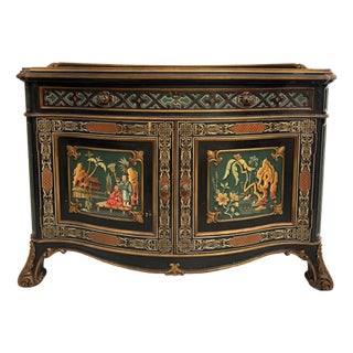 Early 20th-Century European Chinoiserie Bombé Cabinet With Raised Panels and Marble Top For Sale