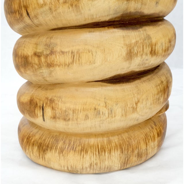 Pair Solid Carved Wood Cylinder Shape Bases Glass Top End Side Tables Stands For Sale - Image 15 of 18