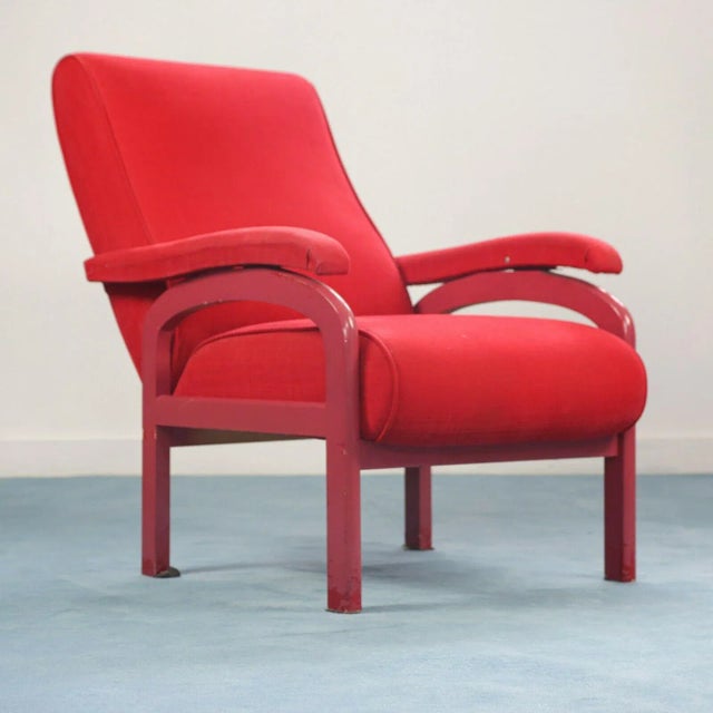 Red Fabric and Wood Reclining Lounge Chair, 1970s For Sale - Image 11 of 11
