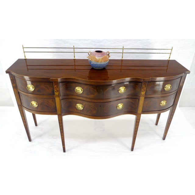 Federal Mahogany Brass Gallery Tapered Legs Serpentine Inlayed Sideboard MINT For Sale - Image 15 of 17