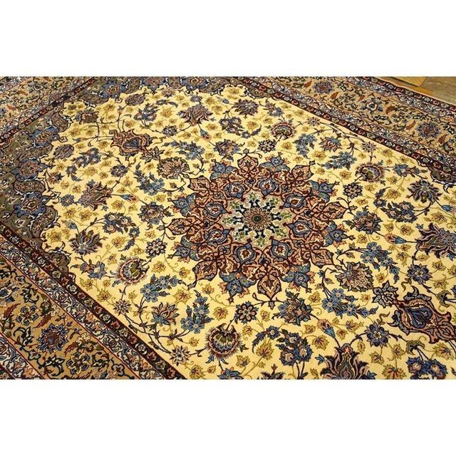 1950s Small Classic Beige Field Medallion Vintage Isfahan Wool Silk Carpet Rug For Sale - Image 11 of 12