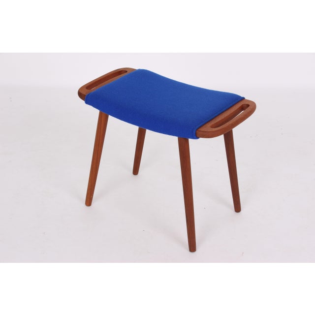 Teak Stool with Blue Wool Cover, 1950s For Sale - Image 4 of 10