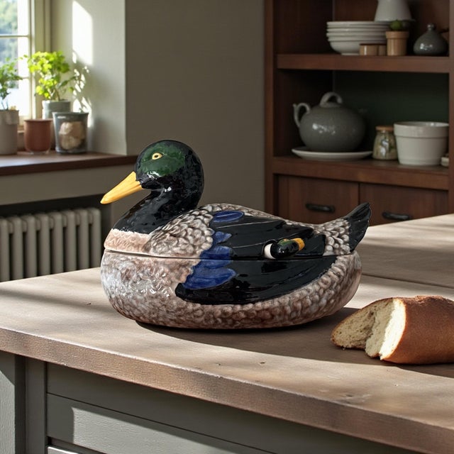 A beautifully modeled mallard duck soup tureen by Bordallo Pinheiro of Portugal, executed in richly glazed faience with...