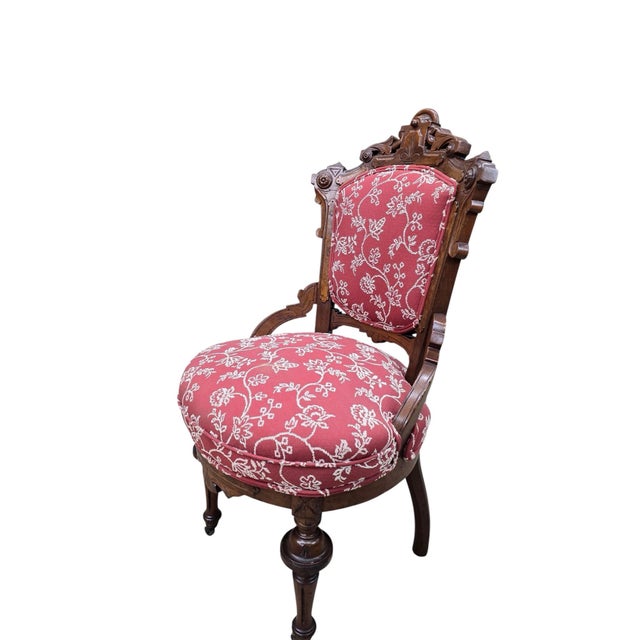 Red Antique Victorian Carved Walnut Parlor Chairs - Pair For Sale - Image 8 of 12