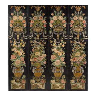 Black Lacquer Chinese Four-Panel Screen with Polychrome Floral Décor For Sale