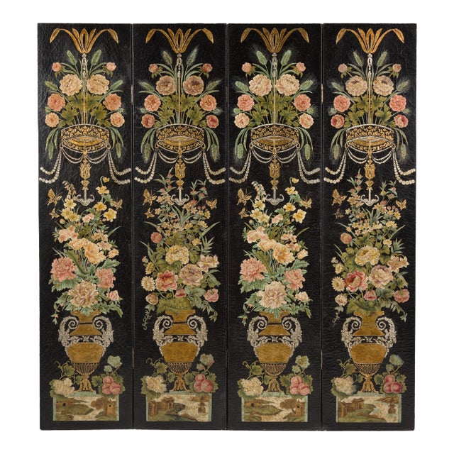 Black Lacquer Chinese Four-Panel Screen with Polychrome Floral Décor For Sale