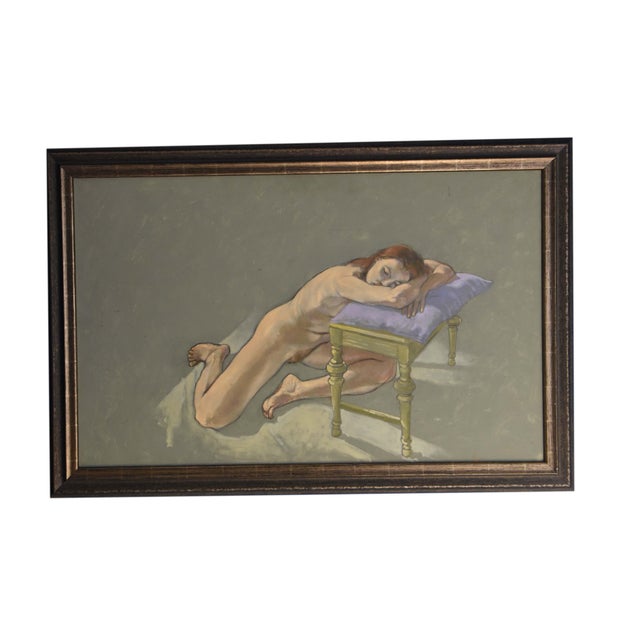 This oil on board painting, measuring 48 inches by 30 inches, presents a nude figure in a moment of quiet repose. The...