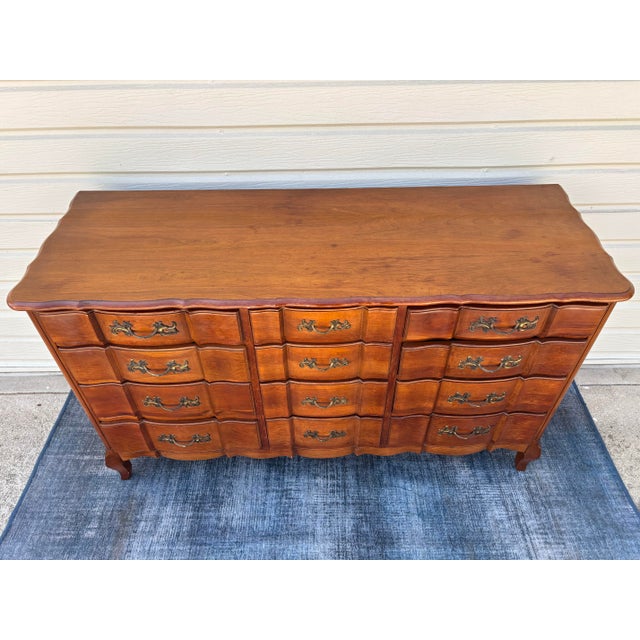 Brown Vintage 1940s Solid Cherry 12-Drawer Serpentine French Provincial Triple Dresser and Matching Mirror Set For Sale - Image 8 of 12