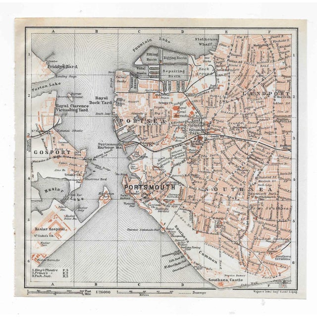 Vintage map of the port of Portsmouth in the United Kingdom, from a travel guide to Great Britain.